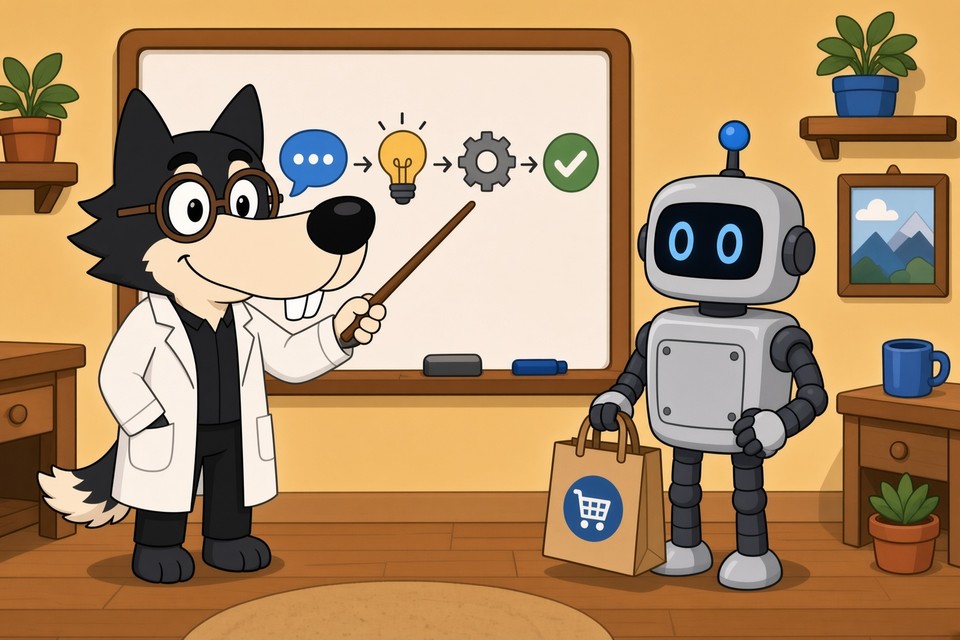 Wolfie explains agentic AI while Bottie completes a real task