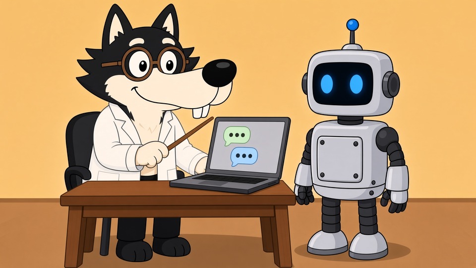 Wolfie and Bottie at a laptop, learning to use an AI chatbot together