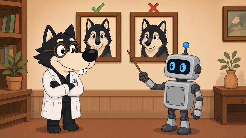 Wolfie and Bottie comparing a real image with a deepfake
