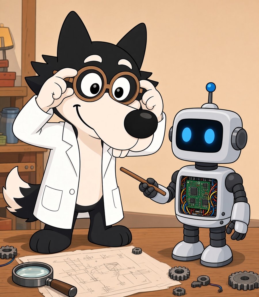 Wolfie the scientist wolf with Bottie the robot, explaining how technology works